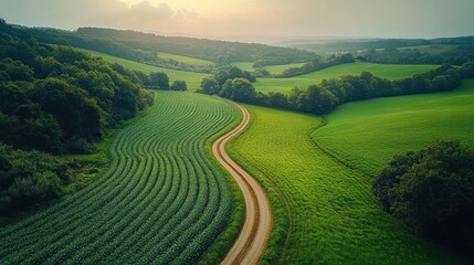 Fototapeta premium Serene Countryside: Aerial View of Rolling Hills and Winding Road