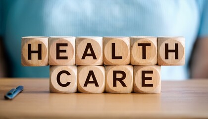 healthcareの文字が書かれた木製のキューブブロック。aiで生成	
