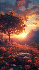 Naklejka premium Serene sunset over a vibrant flower-filled landscape.