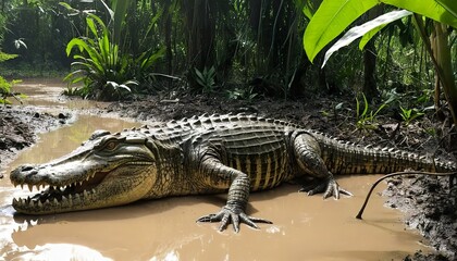 Large crocodile basking in a muddy shallow pool in a lush tropical forest.