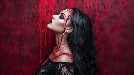 A woman in her late 20s, profile view, with long, flowing dark hair and streaks of crimson paint cascading down her pale skin, gazes upwards intensely