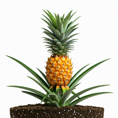 Fototapeta premium closeup of a small green pineapple plant growing in soil on a white background