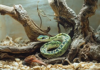 Green Snake Coiled on Driftwood in Serene Natural Habitat with Rocks and Colorful Substrate, Captured in a Captivating, Close-up View of a Reptile Environment