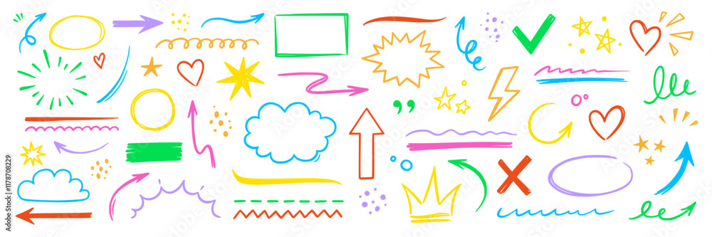 Poster line hand drawn marker arrow, heart, text highlight brush color shape element set. hand drawn sketch