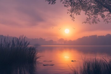 Serene sunset over a tranquil lake with silhouettes of birds.