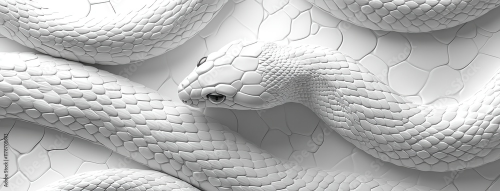 Poster intricate and elegant white snake intertwined on a textured surface with geometric patterns and smoo