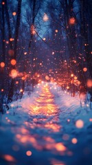 Fototapeta premium Soft blurred bokeh lights twinkling gently above a quiet forest road covered in snow evoking a tranquil seasonal holiday ambiance