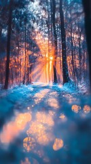 Obraz premium Soft blurred bokeh lights twinkling gently above a quiet forest road covered in snow evoking a tranquil seasonal holiday ambiance