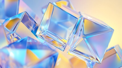 Abstract 3D prisms with reflective surfaces in pastel blue and yellow gradients