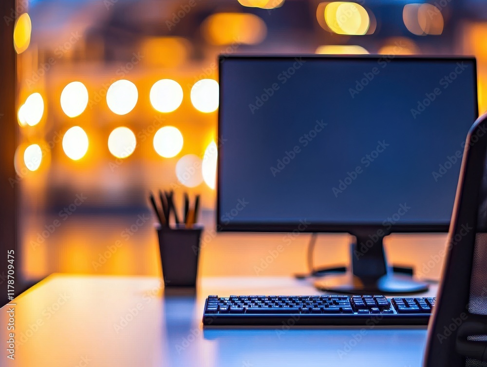 Poster blurry background office workspace lighting concept. empty workspace with a computer monitor and sof