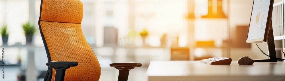 Poster blurry background office workspace lighting concept. modern workspace featuring an ergonomic chair a