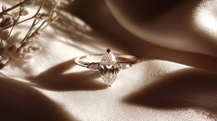 Obraz premium Elegant marquise diamond ring with sparkling accents on satin fabric