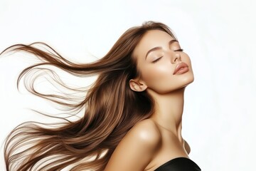 A beautiful woman with long brown straight hair photography portrait flowing. - obrazy, fototapety, plakaty