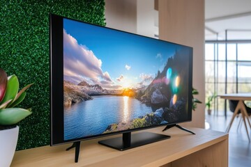 Fototapeta premium Modern television displaying a serene landscape view in a stylish living room setting