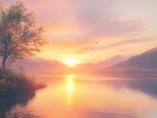 Fototapeta premium Serene sunset over a tranquil lake with mountains and birds.