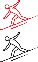 Minimalist ski icon, red and black versions, simple line drawing, stick figure skier, downhill slope, dynamic pose, winter sports symbol, graphic design element, clean lines, stylized representation, 