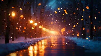 Fototapeta premium Soft blurred bokeh lights twinkling gently above a quiet forest road covered in snow evoking a tranquil seasonal holiday ambiance