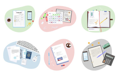 Different office paper documents, business diary notebook, to-do list, tax assess bill, computer keyboard, calculator, smartphone, travel accessories at workplace top view composition isolated set