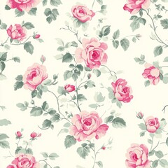 Seamless floral pattern with pink roses and leaves in a vintage design