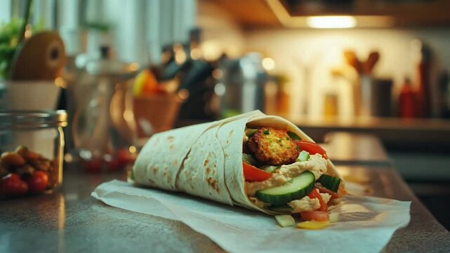 A delicious falafel wrap filled with fresh cucumber, tomato, and creamy hummus, presented in a cozy kitchen setting with natural lighting. Perfect for showcasing healthy, Mediterranean-inspired 