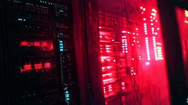 A high-tech data center featuring rows of server racks illuminated by intense red LED lights. The futuristic ambiance highlights the critical infrastructure of modern computing and network systems