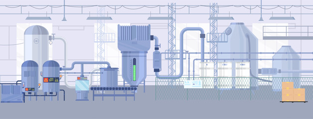 Factory floor indoor interior design with variety of production equipment and facilities vector illustration