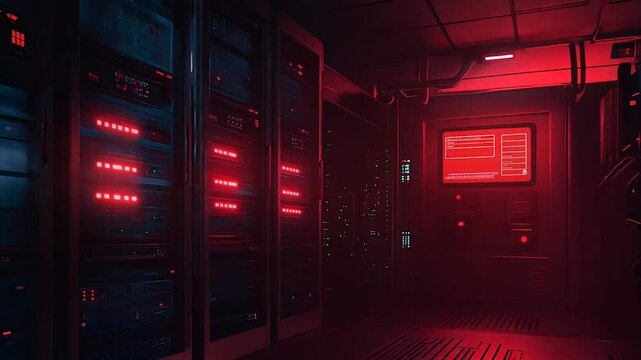 A high-tech data center featuring rows of server racks illuminated by intense red LED lights. The futuristic ambiance highlights the critical infrastructure of modern computing and network systems