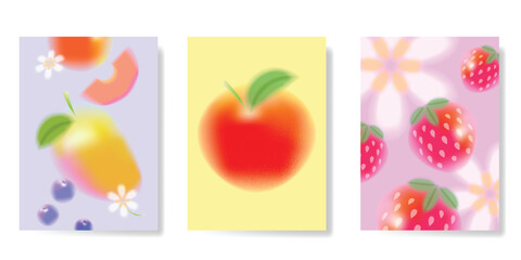 Abstract colorful gradient fruit and flower card background set. Minimalist poster with flower, mango, strawberry, apple. Modern summer and spring wallpaper design for home decoration, banner, ads.