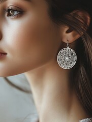 Elegant model showcasing silver earrings urban setting fashion photography natural light close-up beauty trends