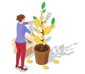 Businesswoman cultivating money tree hanging dollar coins and banknote to increase revenue, financial income and return of investment vector illustration