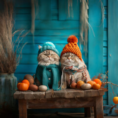 Two cute cats in cute knitted fashionable outfits and hats.