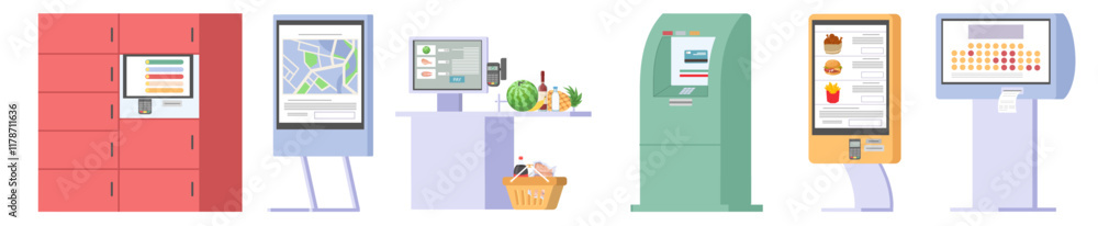 Poster self ordering kiosk terminals with digital interactive touchscreen isolated set. service board, food