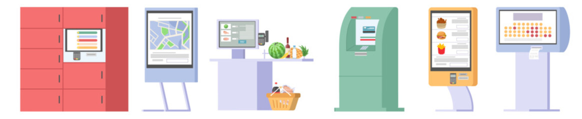 Self ordering kiosk terminals with digital interactive touchscreen isolated set. Service board, food delivery, cashier desk, atm and checkout machine vector illustration