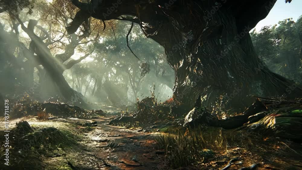 Aufkleber mysterious forest path illuminated by soft sunlight creating a magical atmosphere