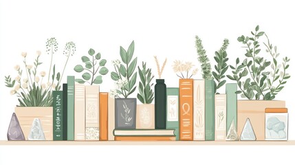 Books, plants, and crystals arranged on a shelf.
