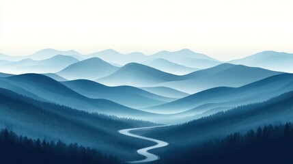 Fototapeta premium Serene blue mountain range landscape with winding road.