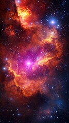 Fototapeta premium nebula explodes with vibrant hues of fiery orange and deep crimson, punctuated by brilliant blue stars. Phone wallpaper.