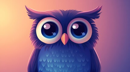 Obraz premium Cute cartoon owl with big eyes, sunset background.