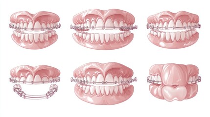 Six 3D models of teeth with braces showing different stages of orthodontic treatment.