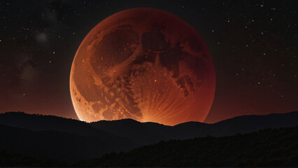 A breathtaking panoramic view of a lunar eclipse as seen from Earth, showcasing the moon gradually transitioning through its phases from full brightness to a deep, shadowy red
