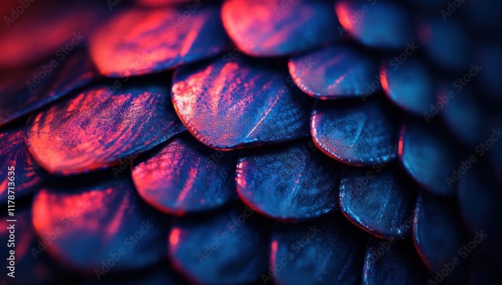 Poster macro image of colorful fish scales with iridescent textures and reflective surfaces in blue and red