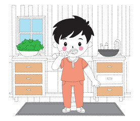 Cute Boy Brushing Teeth Outline Coloring Page. Cute Boy Brushing Teeth Fun Outline Coloring Page for Kids. isolated on white background. linear sketch.