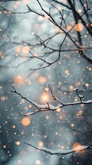 Soft blurred bokeh lights twinkling gently above a quiet forest road covered in snow evoking a tranquil seasonal holiday ambiance