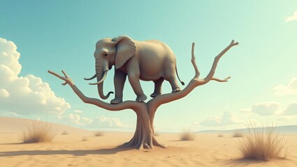 Elephant Balancing on a Desert Tree: Surreal Wildlife Scene
