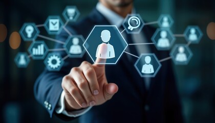 Business person selecting target customer on digital screen. Businessman interacts with digital interface customer personas. Marketing strategy, customer centricity concept. Personalization marketing