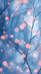 Soft blurred bokeh lights twinkling gently above a quiet forest road covered in snow evoking a tranquil seasonal holiday ambiance