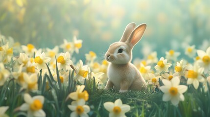 Fototapeta premium A playful bunny amidst a field of blooming daffodils, capturing the essence of spring and Easter joy under a bright, natural setting.
