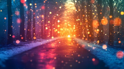 Soft blurred bokeh lights twinkling gently above a quiet forest road covered in snow evoking a tranquil seasonal holiday ambiance