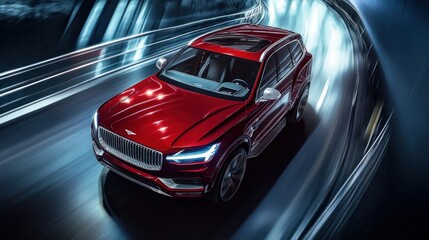 Fototapeta premium Red SUV speeding through a futuristic, glowing tunnel at night.