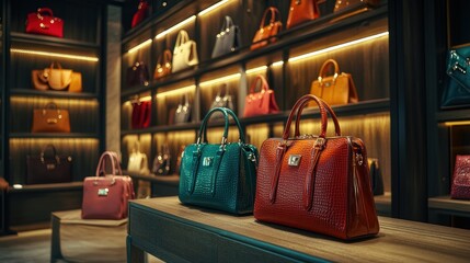 Luxurious handbags displayed on wooden shelves and table in a stylish boutique.